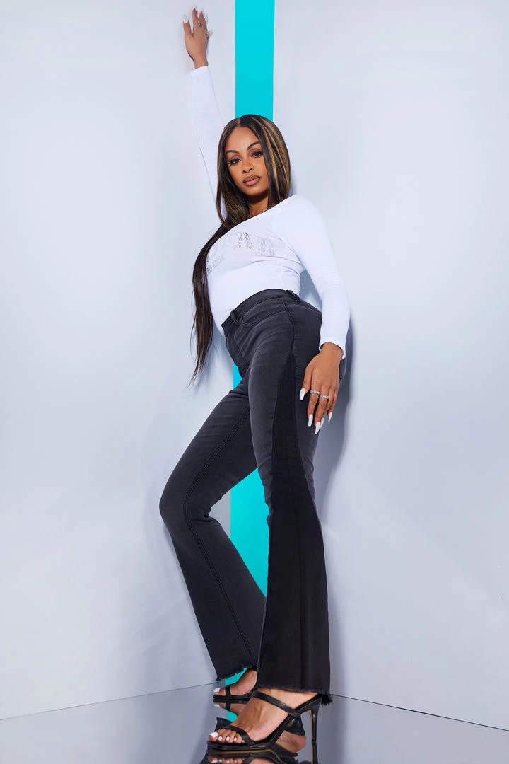 WOMENS JEANS HIGH WAISTED MULTI PANEL FLARE JEAN-GREY 1 WOMENS JEANS HIGH WAISTED MULTI PANEL FLARE JEAN-GREY