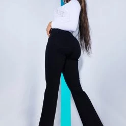 WOMENS JEANS DESTROYED HEM FLARE JEAN-BLACK