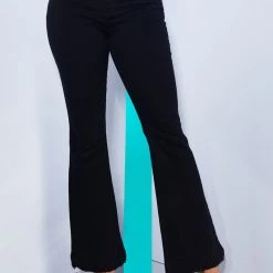 WOMENS JEANS DESTROYED HEM FLARE JEAN-BLACK