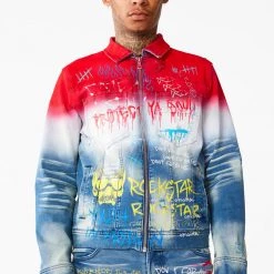 MENS DENIM JACKETS DRIPPER PRINTED DENIM JACKET- RED