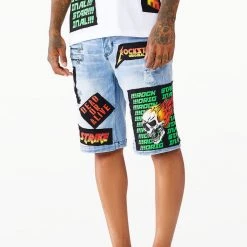 MENS SHORTS CANNON PATCHWORK DENIM SHORT- LIGHT WASH