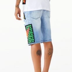 MENS SHORTS CANNON PATCHWORK DENIM SHORT- LIGHT WASH