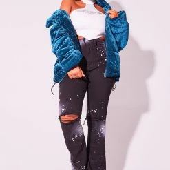 WOMENS OUTERWEAR SKULL VELVET PUFFER JACKET-TEAL