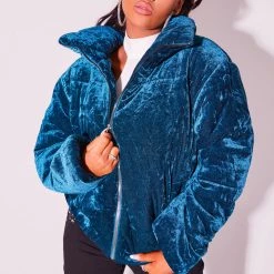 WOMENS OUTERWEAR SKULL VELVET PUFFER JACKET-TEAL
