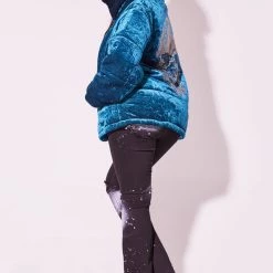 WOMENS OUTERWEAR SKULL VELVET PUFFER JACKET-TEAL