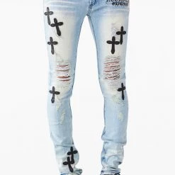 MENS JEANS Stark Blue Leather Cross Patch Jean