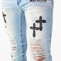 MENS JEANS Stark Blue Leather Cross Patch Jean