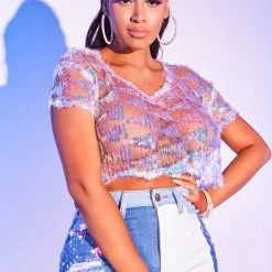 WOMENS TOPS LUANA SEQUIN TOP-WHITE Best Seller