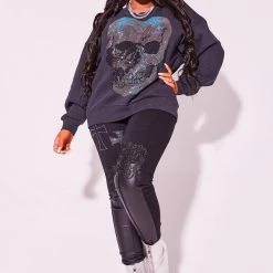 WOMENS HOODIES & SWEATSHIRTS SKULL CREWNECK SWEATSHIRT-CHARCOAL
