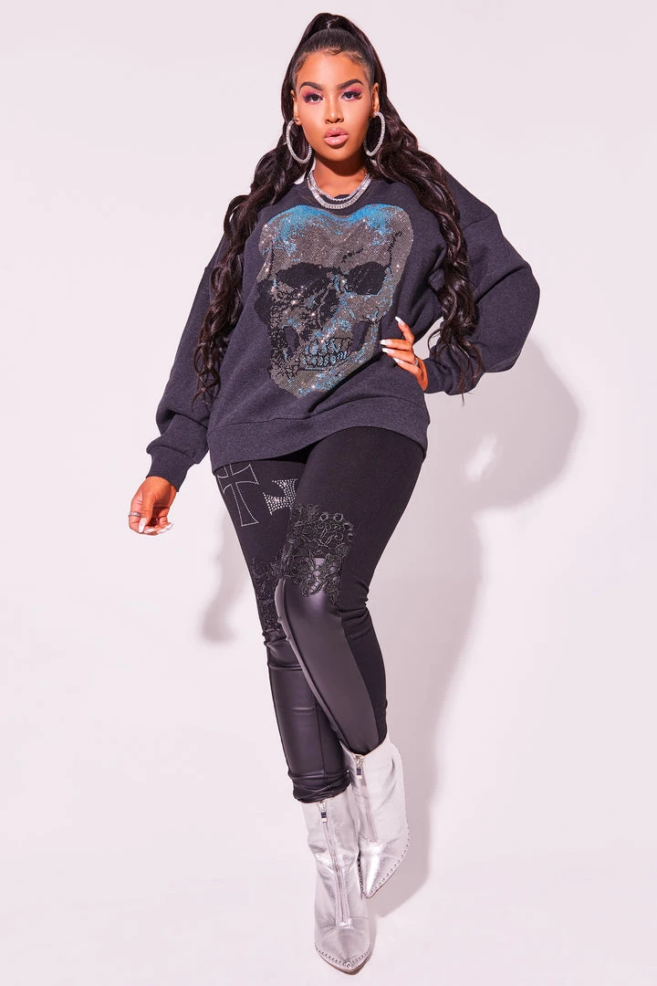 WOMENS HOODIES & SWEATSHIRTS SKULL CREWNECK SWEATSHIRT-CHARCOAL 2 WOMENS HOODIES & SWEATSHIRTS SKULL CREWNECK SWEATSHIRT-CHARCOAL