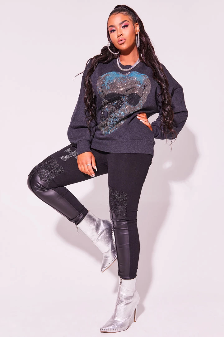 WOMENS HOODIES & SWEATSHIRTS SKULL CREWNECK SWEATSHIRT-CHARCOAL 4 WOMENS HOODIES & SWEATSHIRTS SKULL CREWNECK SWEATSHIRT-CHARCOAL