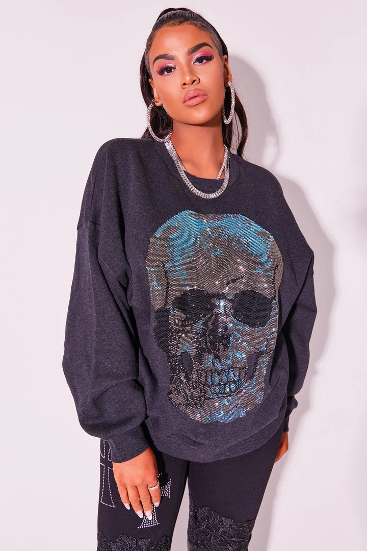 WOMENS HOODIES & SWEATSHIRTS SKULL CREWNECK SWEATSHIRT-CHARCOAL 5 WOMENS HOODIES & SWEATSHIRTS SKULL CREWNECK SWEATSHIRT-CHARCOAL