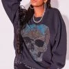WOMENS HOODIES & SWEATSHIRTS SKULL CREWNECK SWEATSHIRT-CHARCOAL