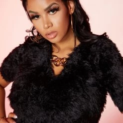 WOMENS TOPS DOTTIE FAUX FUR TOP-BLACK Best Seller