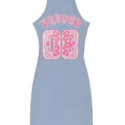 WOMENS DRESSES PLAYER HALTER NECK MINI DRESS-BLUE