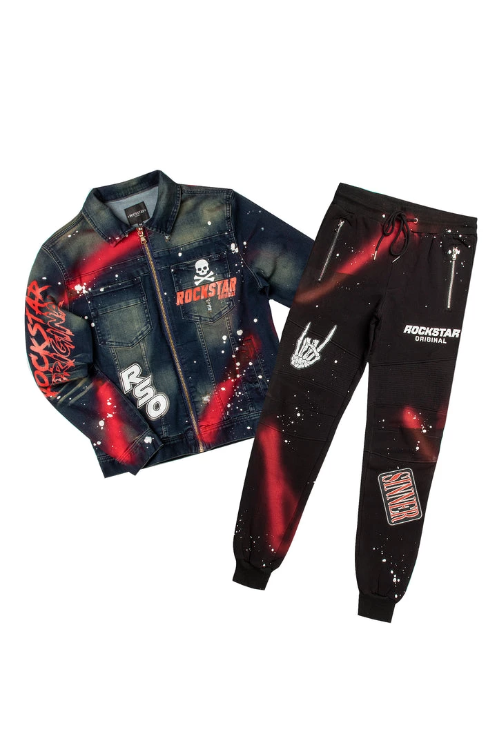 MENS TRACK SETS CARMELO DENIM JACKET/TRACKPANT SET-BLACK/RED 1 MENS TRACK SETS CARMELO DENIM JACKET/TRACKPANT SET-BLACK/RED