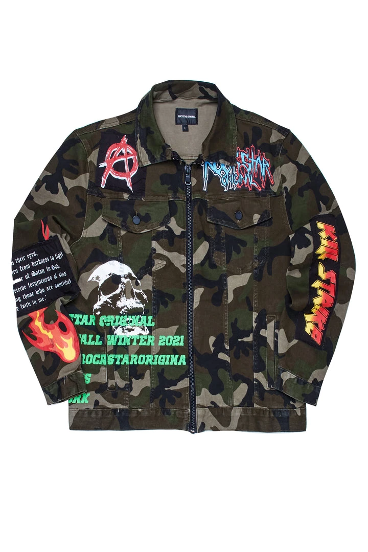 MENS DENIM JACKETS RIDGE PRINTED JACKET- GREEN 2 MENS DENIM JACKETS RIDGE PRINTED JACKET- GREEN