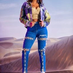 WOMENS JACKETS MOIRA DENIM JACKET-PURPLE/YELLOW 10 WOMENS JACKETS MOIRA DENIM JACKET-PURPLE/YELLOW