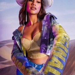 WOMENS JACKETS MOIRA DENIM JACKET-PURPLE/YELLOW