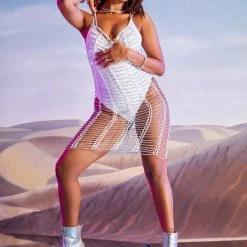 WOMENS DRESSES DISCO FISHNET MIDI DRESS-WHITE