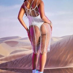 WOMENS DRESSES DISCO FISHNET MIDI DRESS-WHITE