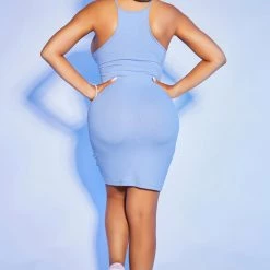 WOMENS DRESSES PLAYER HALTER NECK MINI DRESS-BLUE