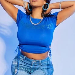 WOMENS TEES SLOANE RUCHED SIDE CROP TEE-ROYAL BLUE