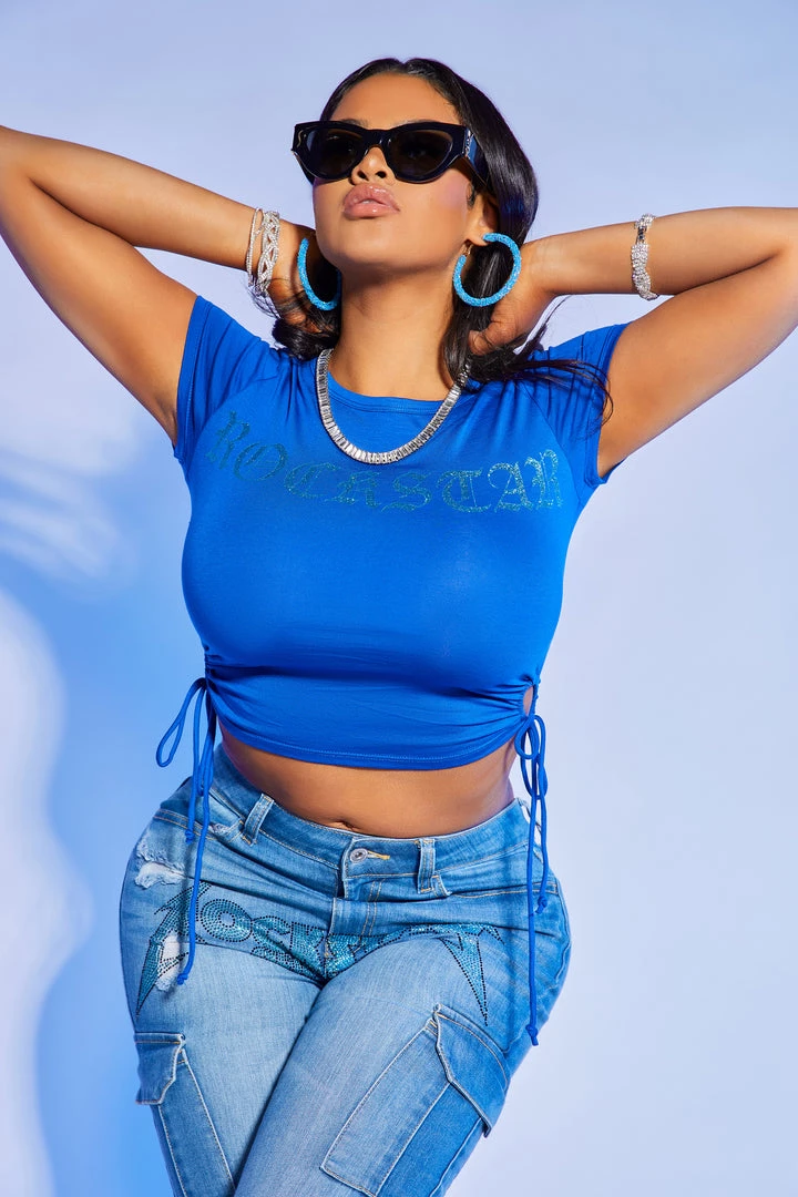 WOMENS TEES SLOANE RUCHED SIDE CROP TEE-ROYAL BLUE 2 WOMENS TEES SLOANE RUCHED SIDE CROP TEE-ROYAL BLUE