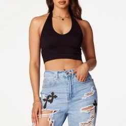 WOMENS TOPS Best Seller IZZIE RIBBED HALTER NECK TANK-BLACK