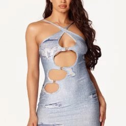 WOMENS DRESSES Best Seller Laura Denim Blue Cut Out Midi Dress