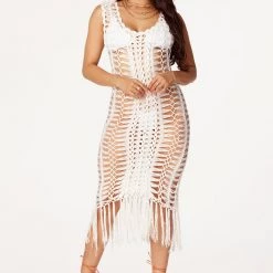 WOMENS DRESSES Everlee White Crochet Knit Midi Dress Best Seller