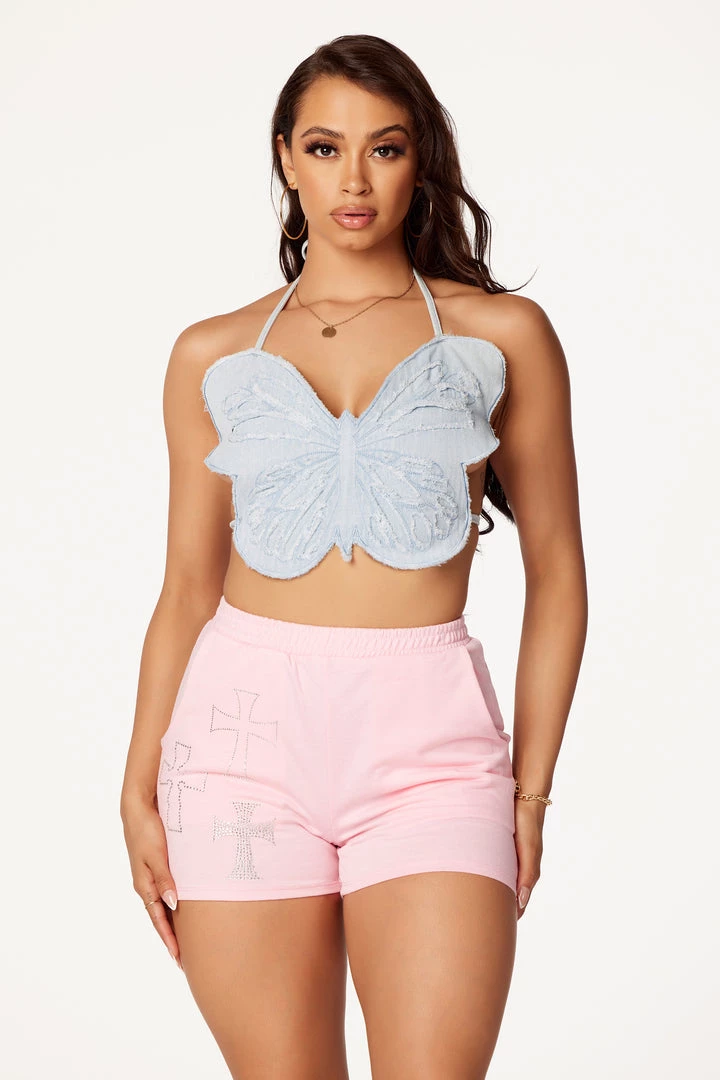 WOMENS TOPS BUTTERFLY DENIM HALTER NECK TANK-LIGHT WASH 5 WOMENS TOPS BUTTERFLY DENIM HALTER NECK TANK-LIGHT WASH