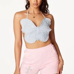 WOMENS TOPS BUTTERFLY DENIM HALTER NECK TANK-LIGHT WASH