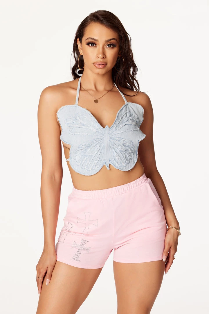 WOMENS TOPS BUTTERFLY DENIM HALTER NECK TANK-LIGHT WASH 1 WOMENS TOPS BUTTERFLY DENIM HALTER NECK TANK-LIGHT WASH