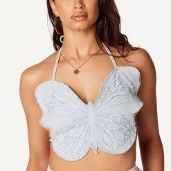 WOMENS TOPS BUTTERFLY DENIM HALTER NECK TANK-LIGHT WASH 14 WOMENS TOPS BUTTERFLY DENIM HALTER NECK TANK-LIGHT WASH