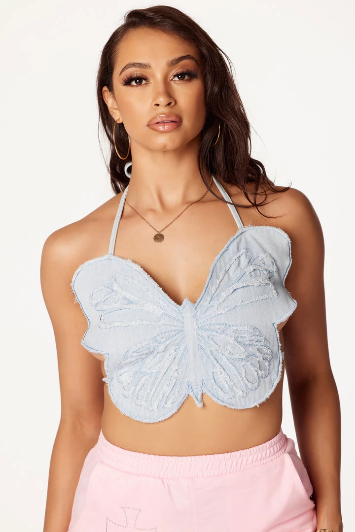 WOMENS TOPS BUTTERFLY DENIM HALTER NECK TANK-LIGHT WASH 7 WOMENS TOPS BUTTERFLY DENIM HALTER NECK TANK-LIGHT WASH