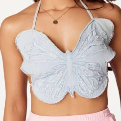 WOMENS TOPS BUTTERFLY DENIM HALTER NECK TANK-LIGHT WASH 15 WOMENS TOPS BUTTERFLY DENIM HALTER NECK TANK-LIGHT WASH