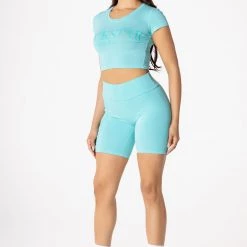 WOMENS ACTIVE SHORT SETS BASIC ALAYNA BIKE SHORT SET-AQUA