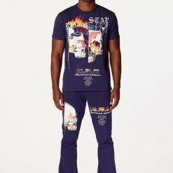 MENS TRACK SETS CHASE T-SHIRT STACKED FLARE TRACKSET-NAVY