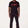 MENS TRACK SETS SCOTTIE T-SHIRT/FLARE PANT SET-BLACK/RED