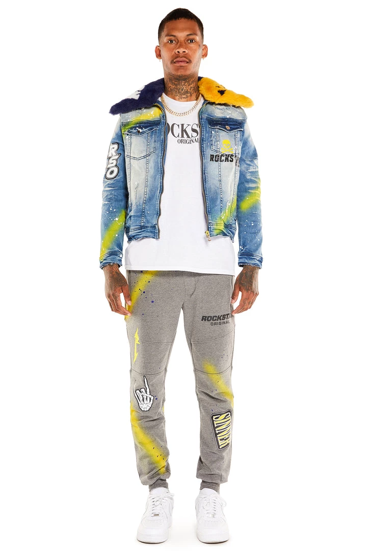 MENS TRACK SETS CARMELO DENIM JACKET/TRACKPANT SET-NAVY/YELLOW 1 MENS TRACK SETS CARMELO DENIM JACKET/TRACKPANT SET-NAVY/YELLOW
