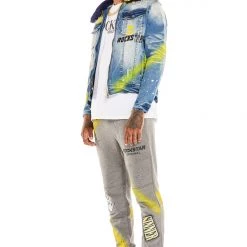 MENS TRACK SETS CARMELO DENIM JACKET/TRACKPANT SET-NAVY/YELLOW