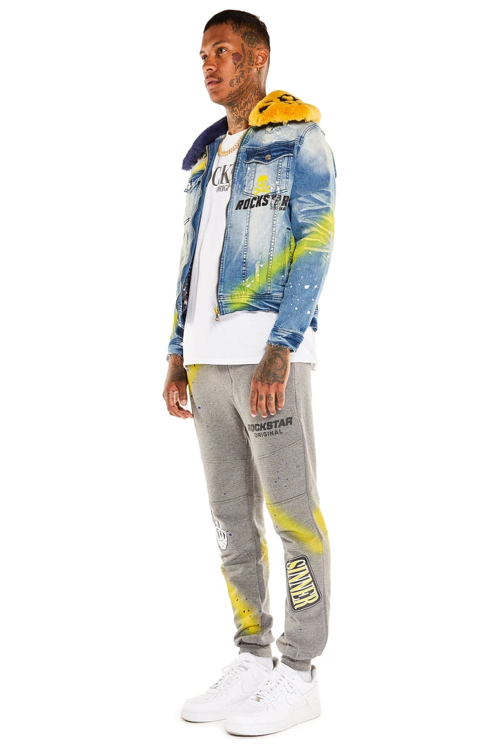 MENS TRACK SETS CARMELO DENIM JACKET/TRACKPANT SET-NAVY/YELLOW 2 MENS TRACK SETS CARMELO DENIM JACKET/TRACKPANT SET-NAVY/YELLOW
