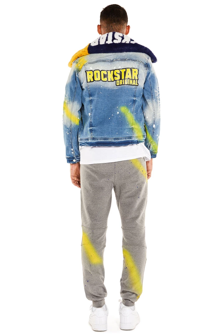 MENS TRACK SETS CARMELO DENIM JACKET/TRACKPANT SET-NAVY/YELLOW 3 MENS TRACK SETS CARMELO DENIM JACKET/TRACKPANT SET-NAVY/YELLOW