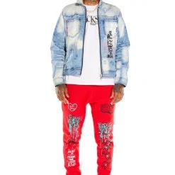 MENS TRACK SETS TOBI DENIM JACKET/TRACKPANT SET-RED
