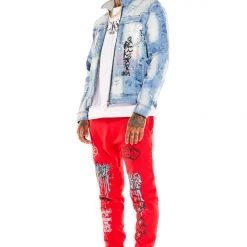 MENS TRACK SETS TOBI DENIM JACKET/TRACKPANT SET-RED