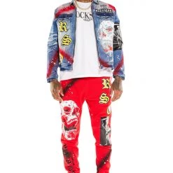 MENS TRACK SETS NOMAR DENIM JACKET/TRACKPANT SET-RED