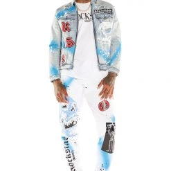 MENS TRACK SETS ROMAN DENIM JACKET/TRACKPANT SET-WHITE