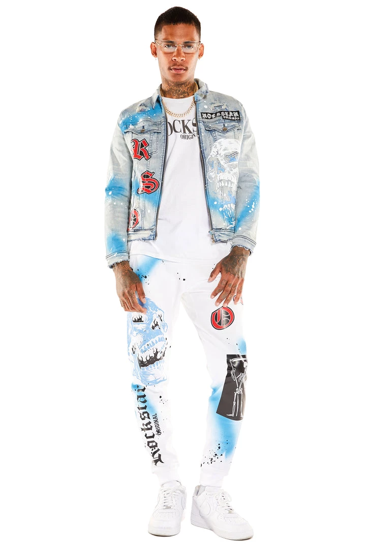 MENS TRACK SETS ROMAN DENIM JACKET/TRACKPANT SET-WHITE 1 MENS TRACK SETS ROMAN DENIM JACKET/TRACKPANT SET-WHITE