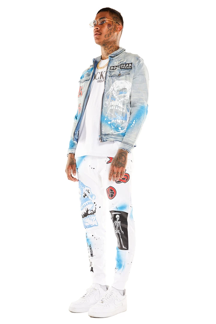 MENS TRACK SETS ROMAN DENIM JACKET/TRACKPANT SET-WHITE 2 MENS TRACK SETS ROMAN DENIM JACKET/TRACKPANT SET-WHITE